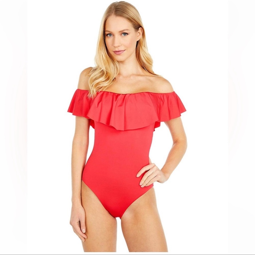TRINA TURK Coral Off Shoulder Ruffle One Piece Swimsuit Suit size 12 NWOT
